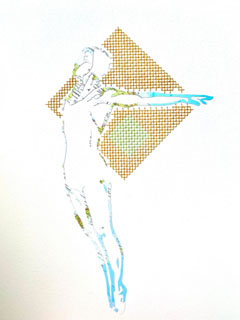 Renee Toonen, Zwemster 3, 200 euro, Gemengde techniek met landkaart en kruissteekjes in lijst, 40x30 cm