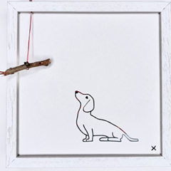 Renee Toonen, Teckel, 65 euro, Papiersnijwerk met borduursel in houten lijst, 18x18 cm