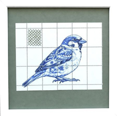 Renee Toonen, Delftsblauw musje, 99 euro, Mixed Media op postzegelvel in wit lijstje, 20x20 cm