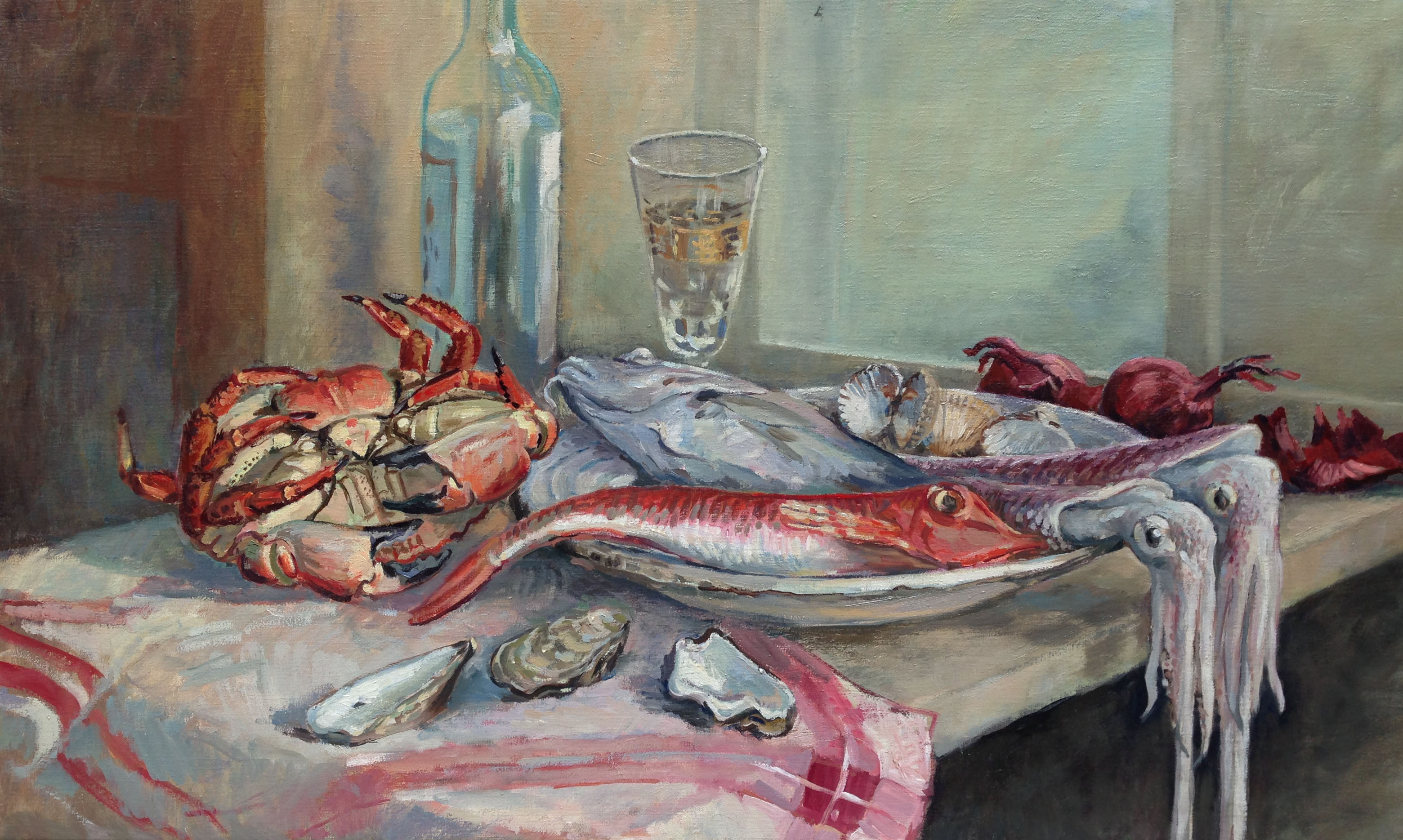 Annemarie Verschoor, Vis op tafel, 750 euro, Olieverf op doek, 45x8 0cm