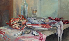 Annemarie Verschoor, Vis op tafel, Olieverf op doek, 45x80 cm, €.600,-