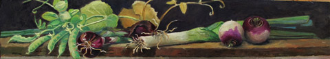 Annemarie Verschoor, Groente op de plank 2, Olieverf op paneel, 17x90 cm, €.425,-,-