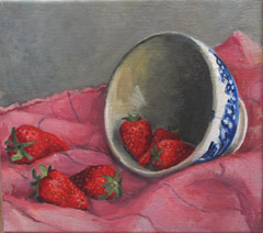 Annemarie Verschoor, Aardbeien uit kom, Olieverf op doek, 28x25 cm, €.225,-