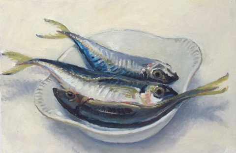 Annemarie Verschoor, Bord Makreeltjes, 175 euro, Olieverf op paneel, 17x25 cm