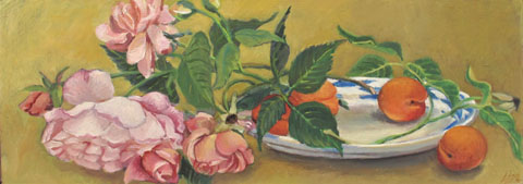 Annemarie Verschoor, Abrikozen en rozen, 250 euro, olieverf op paneel, 48x17,5 cm