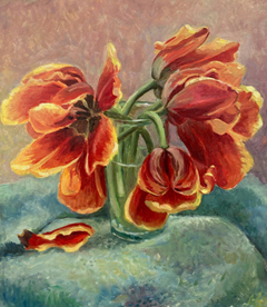 Annemarie Verschoor, Uitgebloeide tulpen, 200 euro, Olieverf op oud paneel zonder lijst, 30x35 cm