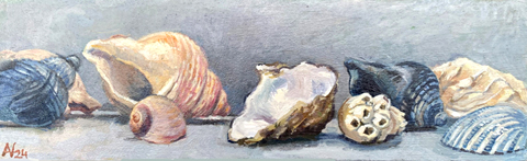 Annemarie Verschoor, Schelpen, 180 euro, Olieverf op vintage plankje, 37x12 cm