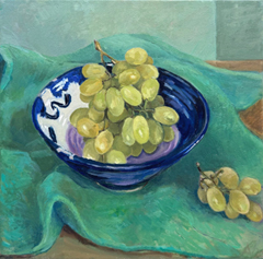 Annemarie Verschoor, Druiven in schaal, 220 euro, Olieverf op doek zonder lijst, 30x30 cm