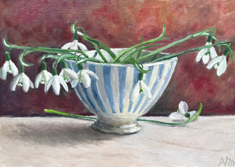 Annemarie Verschoor, Sneeuklokjes in kom, 220 euro, Olieverf op paneel zonder lijst, 21x30 cm