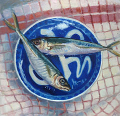 Annemarie Verschoor, Makreel op Turks bord, Olieverf op paneel, 30x30 cm, €.250,-