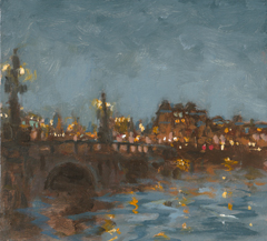 Leo van der Vlist, Blauwbrug bij nacht, Olieverf op paneel, 20x22x3 cm, €.230,-