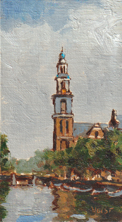Leo van der Vlist, Westertoren, Olieverf op doekop MDF, 10x18 cm, €.230,-