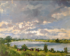 Leo van der Vlist, Rivierenlandschap in tegenlicht, 650 euro, Oliever oppaneel in baklijst, 24x30 cm