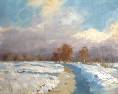 Leo van der Vlist, Winterlandschap, 495 euro, Oliever oppaneel in baklijst, 24x30 cm