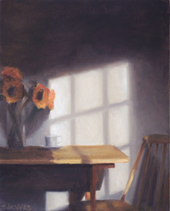 Serge de Vries, Interieur met zonnebloemen en zonlicht, Olieverf op paneel, 18x14,5cm, €.225,-
