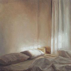 Serge de Vries, slaapkamer in zonlicht 2, Olieverf op paneel, 16x16 cm, €.240,-