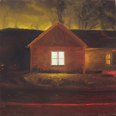 Serge de Vries, Huis in de nacht 3, 245,- 16x16 cm, Olieverf op paneel zonder lijst