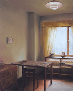 Serge de Vries, Interieur met tafel, Olieverf op paneel, 20x16 cm, €.245,-