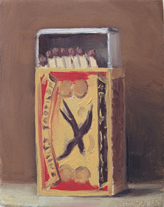 Serge de Vries, luciferdoosje, 100 euro, olieverf op paneel zonder lijst, 7x5,5 cm