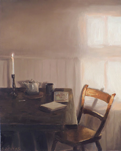 Serge de Vries, Stoel met kaars, 350 euro, Olieverf op paneel zonder lijst, 19,5x15.7 cm
