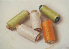 Serge de Vries, Vijf klosjes garen, 325 euro, Olieverf op paneel zonder lijst, 11,6x15,5 cm