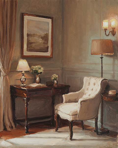 Serge de Vries, Interieur met beige stoel en schemerlamp, 700 euro, Olieverf op paneel zonder lijstje, 20,5x16,5  cm