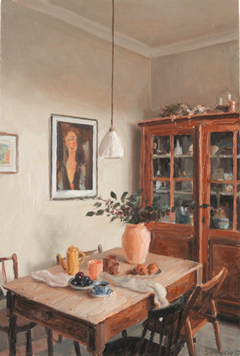 Serge de Vries, Interieur met Modigliani, 350 euro, Olieverf op paneel zonder ljist, 23x15,5 cm