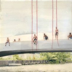 Annette van Waaijen, Jumping summer in Amsterdam, 315 euro, Gemengde techniek op paneel met foto/borduren/giethars in baklijstje, 30x30 cm