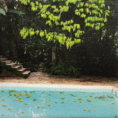 Annette van Waaijen, The Pool Rio met trap, 155 euro, Gemengde techniek met fotografie en borduren in houten baklijst, 10x10 cm