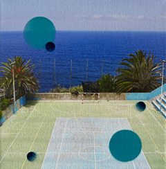 Annette van Waaijen, The Ball Game, 345 euro, Mixed Media op doek in baklijst, 20x20 cm