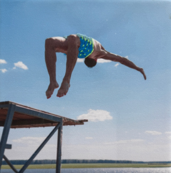 Annette van Waaijen, Jump 8, 275 euro, Foto op canvas met borduurwerk in lijst, 15x15 cm