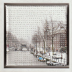 Annette van Waaijen, Once upon a time... Amsterdam in the silver snow, 245 euro, Foto op canvas met borduurwerk witte bak lijst, 15x15 cm