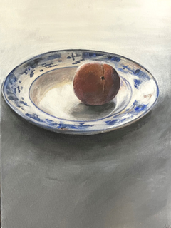 Antje Weber, Peach on plate, 280 euro, Acrylic on canvas without frame, 40x30 cm