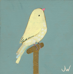 Joëlle Wehkamp, Vogel 3, Gemengde techniek op paneel in houten baklijstje, 12x12 cm (zonder lijst), €.75,-