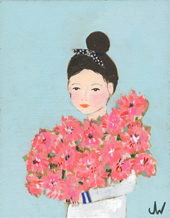 Joelle Wehkamp, Spring pink, Gemegnde techniek op hout, 18x14 cm,  in houten baklijst, €.110,-