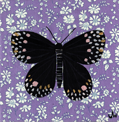 Joelle Wehkamp, Liberty butterfly black, 125 euro, Acryl op Libertystof zonder lijst, 15x15 cm
