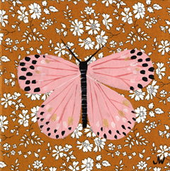 Joelle Wehkamp, Liberty butterfly pink, Acryl op Libertystof zonder lijst, 15x15 cm, €.125,-