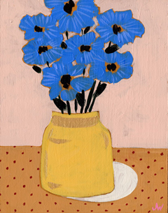 Joelle Wehkamp, Blauwe bloem met gele vaas, Acryl/gemengde techniek op paneel in baklijst, 18x14 cm, €.160,-