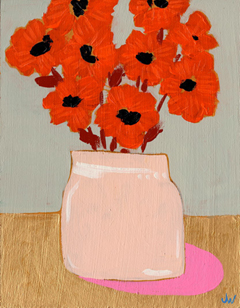 Joelle Wehkamp, Oranje bloem in roze vaas, Acryl/gemengde techniek op paneel in baklijst, 18x14 cm, €.160,-