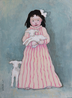 JoAnna Winik, Macy and her lambs, 850 euro, Olieverf op doek zonder lijst, 30x23 cm