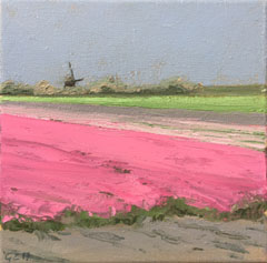 Gineke Zikken, Molen met roze tulpen, Olieverf op doek, 20x20 cm, €.450,-