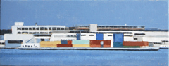 Gineke Zikken, Containerschip, Olieverf op doek in houten baklijst, 20x50 cm, €.750,-