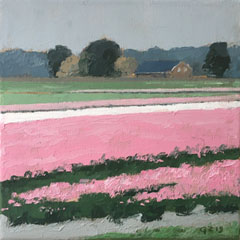 Gineke Zikken, Roze Tulpen, Olieverf op doek in houten lijst, 20x20 cm, €.450,-