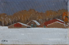Gineke Zikken, Boerderij in de sneeuw, Olieverf op doek in baklijstje, 10x15 cm, €.145,-