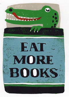 Yvonne Zomerdijk, Lino Eat more books, 75 euro, Linosnede in lijst, 32x18 cm