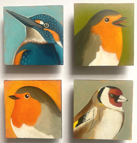 Yvonne Zomerdijk, Roodborst, IJsvogel en Puttertje, 75 euro per stuk, Olieverf op paneel zonder lijst, 10x10 cm