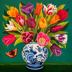 Yvonne Zomerdijk, Springcolors/tulpen, 2200 euro, Acryl op doek in zwarte baklijst, 100x100 cm