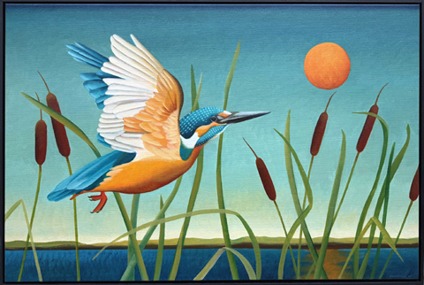 Yvonne Zomerdijk, IJsvogel in het riet, 2200 euro, Acryl op doek in zwarte baklijst, 80x120 cm