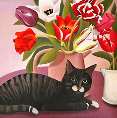 Yvonne Zomerdijk, Poes en Tulpen, 2000 euro, Acryl op doek in zwarte baklijst, 90x90 cm