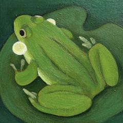 Yvonne Zomerdijk, Kikker 2, 85 euro, Olieverf op paneel zonder lijst, 10x10 (komt een beetje van de muur